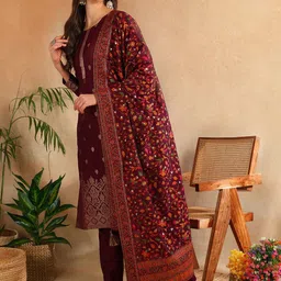 AHIKA Floral Woven Design Regular Kurta & Trousers With Dupatta image 3