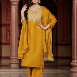 KALINI Ethnic Motifs Yoke Design Thread Work Kurta with Palazzos & Dupatta image 1