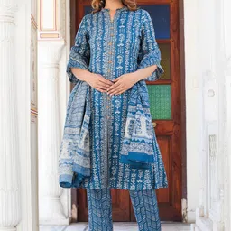 YASH GALLERY Mandarin Collar Floral Printed A-Line Kurta with Trousers & With Dupatta image 1