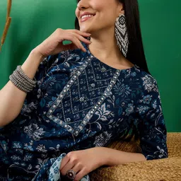 Vastramyaa Floral Printed Regular Thread Work Pure Cotton Kurta with Trouser & Dupatta image 2