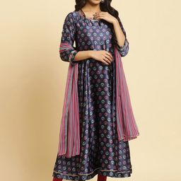 W Blue Ethnic Motifs Printed Regular Sequinned Kurta With Leggings And Dupatta image 3