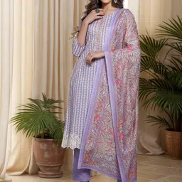 AHIKA Lavender Geometric Printed Kurta & Trousers With Dupatta image 1