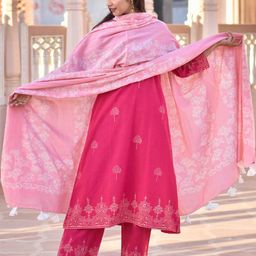 Chidiyaa Pink & White Printed Pure Cotton Dupatta-image-50
