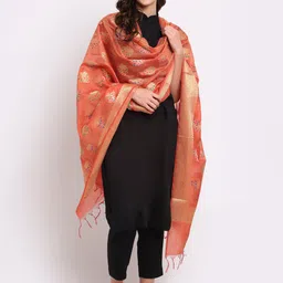 LOOM LEGACY Orange & Gold-Toned Ethnic Motifs Woven Design Cotton Silk Dupatta with Zari-44