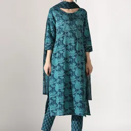 Anouk Floral Printed Tie-Up Neck Thread Work Pure Cotton Kurta with Trousers & Dupatta-2