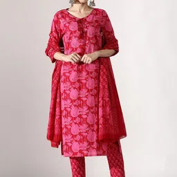 Anouk V-Neck Floral Printed Thread Work Pure Cotton Straight Kurta with Trousers & Dupatta-image-92
