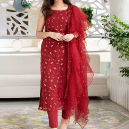 Label Shaurya Sanadhya Floral Embroidered Sequinned Kurta with Trousers & With Dupatta-57