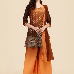 KALINI Floral Embroidered Round Neck Sequinned Straight Kurta with Palazzos & Dupatta-7