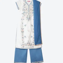 Biba Girls White Floral Embroidered Kurta with Pyjamas & With Dupatta-image-62