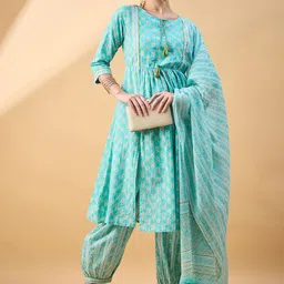 Deewa Women Floral Printed Pleated Pure Cotton Kurta with Patiala & With Dupatta-22