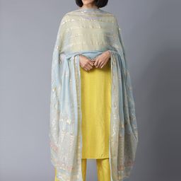 W Blue & Gold-Toned Ethnic Motifs Printed Organza Foil Print Dupatta-10