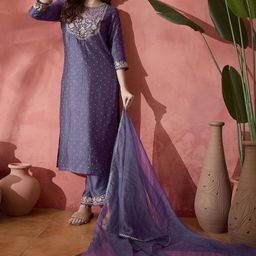 Sangria Floral Embroidered Straight Kurta With Trousers & Dupatta-27