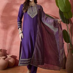 Sangria Purple Floral Embroidered Round Neck Straight Kurta With Trouser And Dupatta-image-26