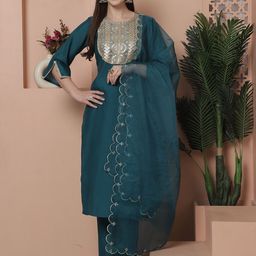 KALINI Floral Yoke Design Regular Sequinned Straight Kurta With Trousers & Dupatta-image-12