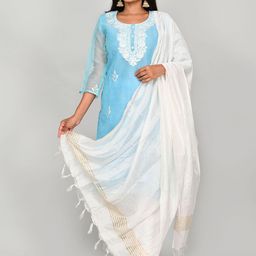 Kesarya Women Blue Ethnic Motifs Embroidered Thread Work Kurta with Trousers & With Dupatta-image-31