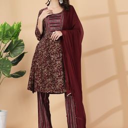 Nayam By Lakshita Floral Printed Regular Thread Work Kurta with Trousers & With Dupatta-image-89