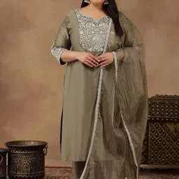 INDDUS PLUS Plus Size Floral Embroidered Thread Work Kurta With Trousers & Dupatta-7