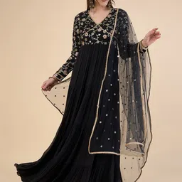 ADORNIA Floral Embroidered Siquinned V-Neck Flared Georgette Ethnic Dress With Duppatta-image-52