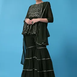 ASPORA Ethnic Motifs Embroidered Empire Silk Georgette Kurti with Sharara & Dupatta-picture-26