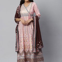 AURELIA Women Pink Ethnic Motifs Angrakha Kurta With Dupatta-image-62