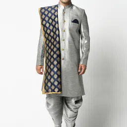 DEYANN Men Grey & Navy Blue Sherwani With Dhoti Pants & Dupatta-picture-21