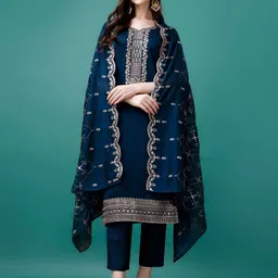 KALINI Ethnic Motifs Sequinned Embroidered V-Neck kurta With Pant & Dupatta-51