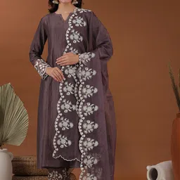 Inddus Notched Neck Thread Work A-Line Kurta with Trousers & With Dupatta-picture-51