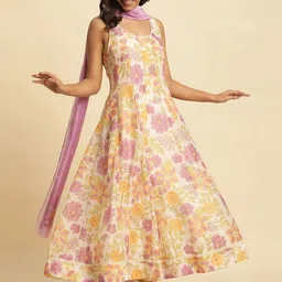 W Floral Printed Panelled Anarkali Kurta with Trouser & Dupatta-image-100