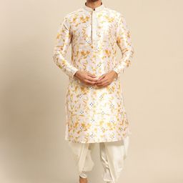 KISAH Men White Printed Mirror Work Kurta with Dhoti Pants-image-98