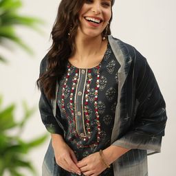 SHOWOFF Women Navy Blue Beads and Stones Kurta with Palazzos & Dupatta-image-14
