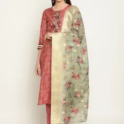 Be Indi Women Floral Embroidered Straight Kurta with Trousers & Dupatta-55