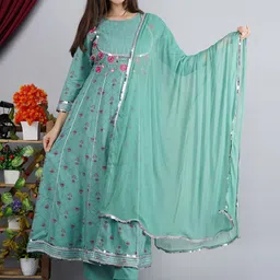 TOULIN Women Teal Floral Empire Kurta with Palazzos & With Dupatta-picture-21
