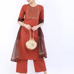 Vishudh Women Rust Floral Kurta with Palazzos & With Dupatta-picture-32