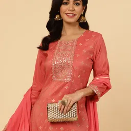 Jaipur Kurti Mirror Work Chanderi Straight Kurta With Pants And Dupatta-image-77