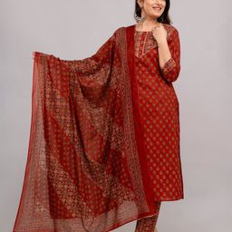 FrionKandy Floral Printed Regular Pure Cotton Kurta with Trousers & With Dupatta-17