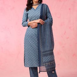 Anouk Blue Floral Printed V-Neck Pure Cotton Straight Kurta with Trousers & Dupatta-picture-15