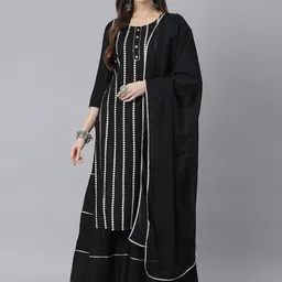 Stylum Women Black Striped Kurta with Sharara & With Dupatta-43
