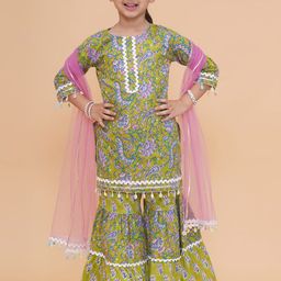 Modish Couture Girls Floral Printed Round Neck Straight Kurta With Sharara And Dupatta-image-22