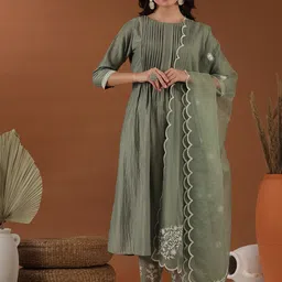 Inddus Floral Pleated Thread Work Kurta With Trouser & Dupatta-image-31