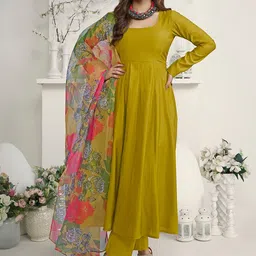 Inddus Square Neck Empire Pure Silk Anarkali Kurta with Trousers & Dupatta-16