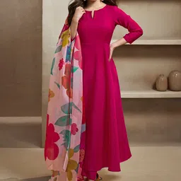 Inddus Notch Neck Floral Regular Pure Silk Anarkali Kurta with Trousers & Dupatta-48