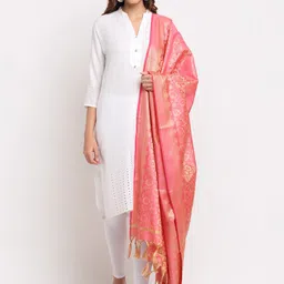 LOOM LEGACY Pink & Gold-Toned Banarasi Jacquard Dupatta-picture-11