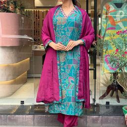 KALINI Floral Printed V-Neck Thread Work Regular Kurta With Trousers & Dupatta-picture-13
