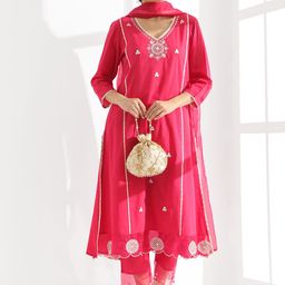 Anouk Pink Ethnic Motifs Embroidered Thread Work A-Line Kurta & Trouser With Dupatta-3