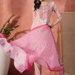 Sangria Embroidered Floral Printed Round Neck Straight Kurta With Salwar & Dupatta-10