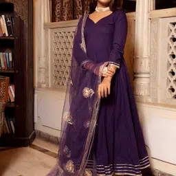 Calmna Women Purple & Gold Solid Anarkali Kurta with Trousers & With Dupatta-image-58
