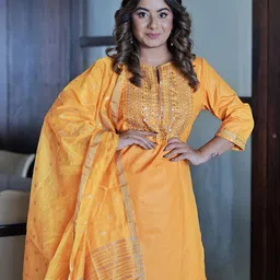 Vishudh Women Yellow Embroidered Kurta with Trousers & With Dupatta-16
