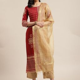 KSUT Women Maroon Printed Panelled Kurta with Trousers & With Dupatta-54