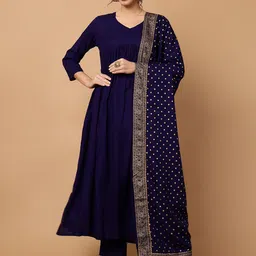 GLAM ROOTS Women Pleated Kurta with Trousers & With Dupatta-57