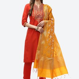 Biba Women Orange Ethnic Motifs Yoke Design Kurta with Trousers & Dupatta-picture-33